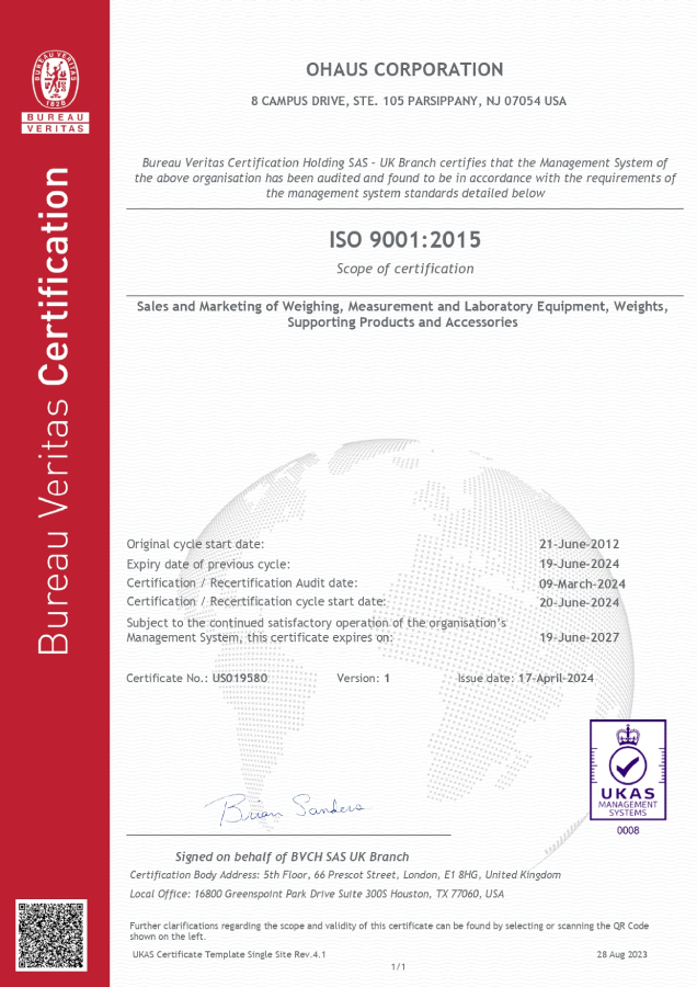   Сертификат ISO 9001:2015, Ohaus Corporation
