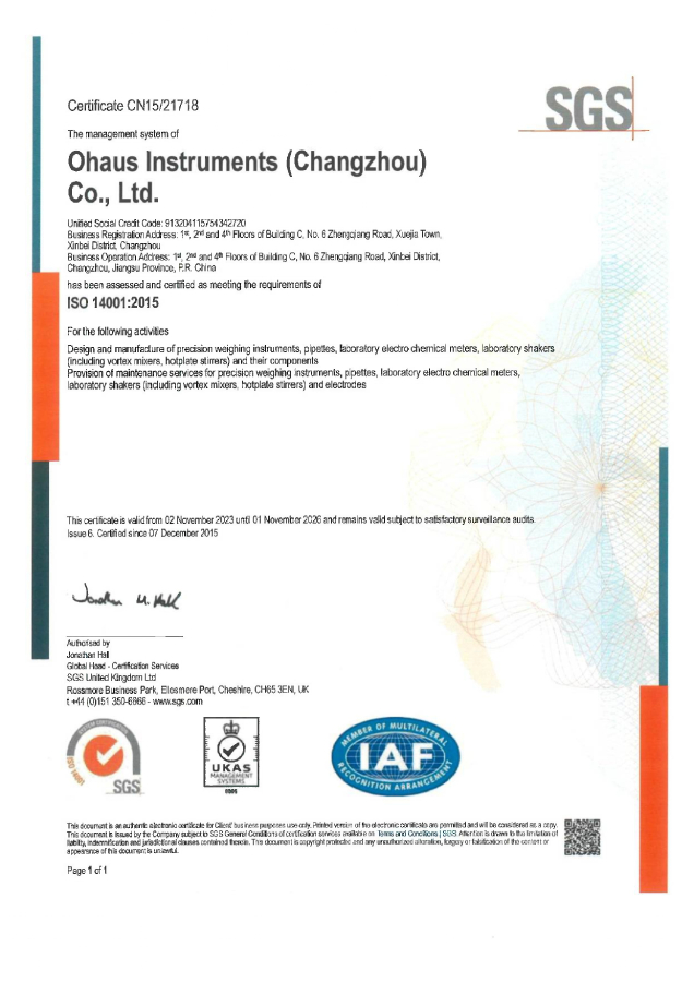  Сертификат ISO 14001:2015, Ohaus Instruments