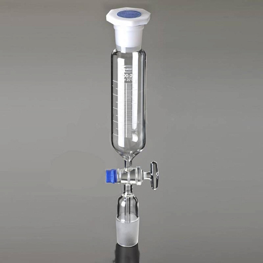 Воронка капельная, 50 мл, цилиндрическая, шлиф 14/23, запорный кран из стекла, со стержнем внутри конуса, пробка ПП, 1 шт./уп., Glassco