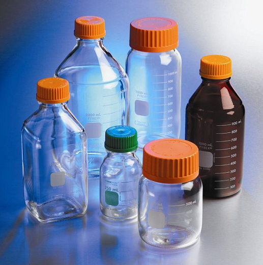 Бутыль 25 мл, БС Pyrex до 500 °С, d горла внешний 45 мм, с завинчивающейся крышкой, круглая, темное стекло, 4 шт/уп