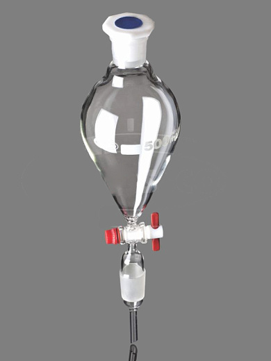 Воронка делительная, 50 мл, грушевидная, шлиф 19/26, запорный клапан из PTFE, с раструбом и конусом, пробка ПП, 1 шт./уп., Glassco