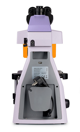 Микроскоп люминесцентный Magus Lum 400L, прямой, тринокуляр, СП, ТП, планахромат 4×, 10×, 40×, 100× (вид сзади)