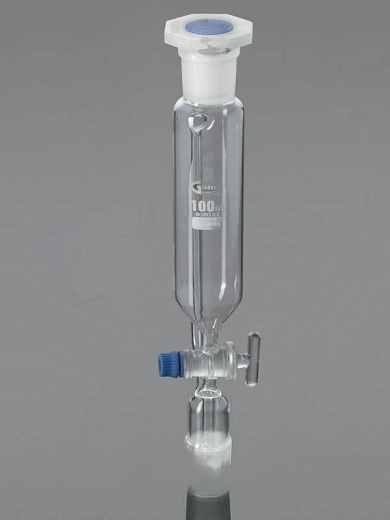 . Воронка капельная с компенсатором давления, 50 мл, цилиндрическая, шлиф 29/32, запорный кран из стекла, с капельным штоком, пробка ПП, 1 шт./уп., Glassco
