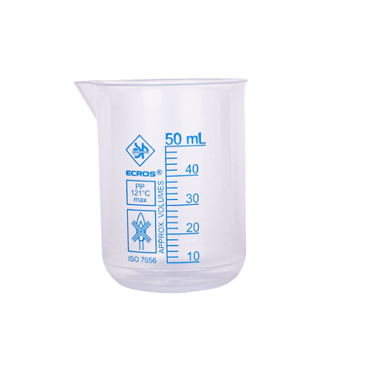 Стакан 50 мл, ПП, с носиком, с градуировкой, низкий, 47/42х60 мм, 1 шт./уп., Россия