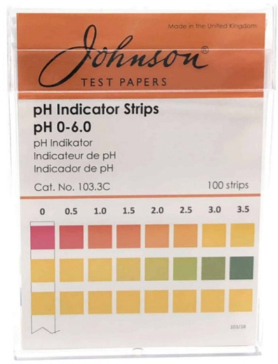 Индикаторная бумага рН 0-6, шаг 0.5, в полосках, 100 шт/уп, Johnson