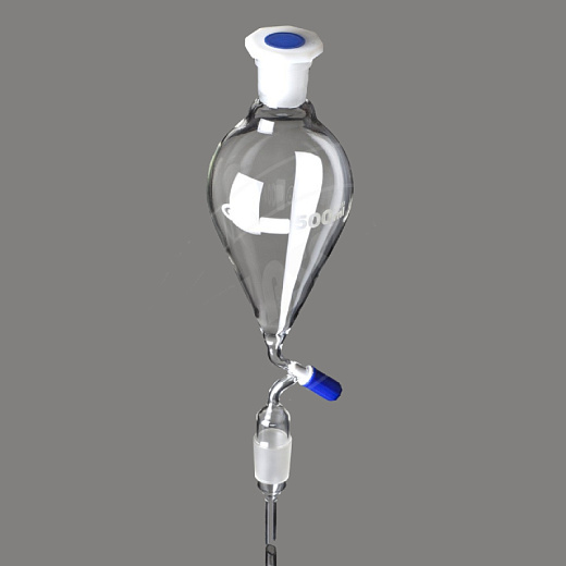 Воронка делительная, 250 мл, грушевидная, шлиф 29/32, запорный игольчатый клапан, с раструбом и конусом, пробка ПП, 1 шт./уп., Glassco