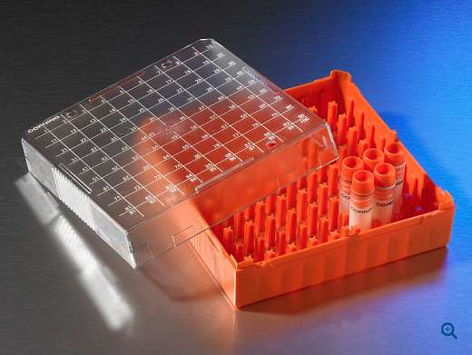 Штатив для хранения криопробирок 4-5 мл, 81 место, поликарбонат, с крышкой, оранжевый, 5 шт./уп.
