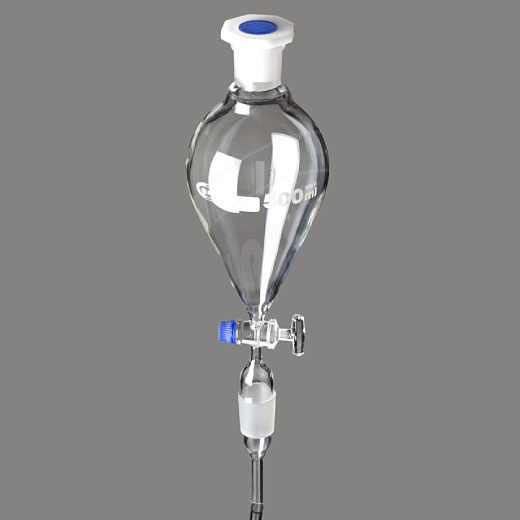 Воронка делительная, 250 мл, грушевидная, шлиф 29/32, запорный кран из стекла, с раструбом и конусом, пробка ПП, 1 шт./уп., Glassco