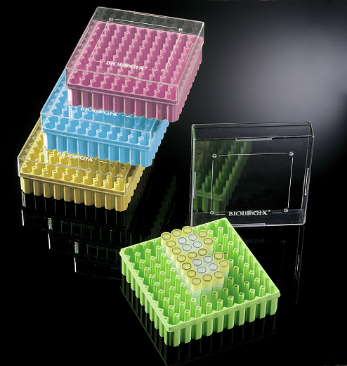 Штатив для хранения криопробирок 1-1,5 мл, 100 мест, поликарбонат, с крышкой, синий, 12 шт./уп.