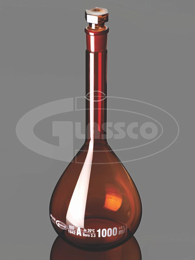 Колба мерная, класс А, темное БС, шлиф 12/21, с одной отметкой, индивидуальный сертификат, пробка БС, Glassco, Индия